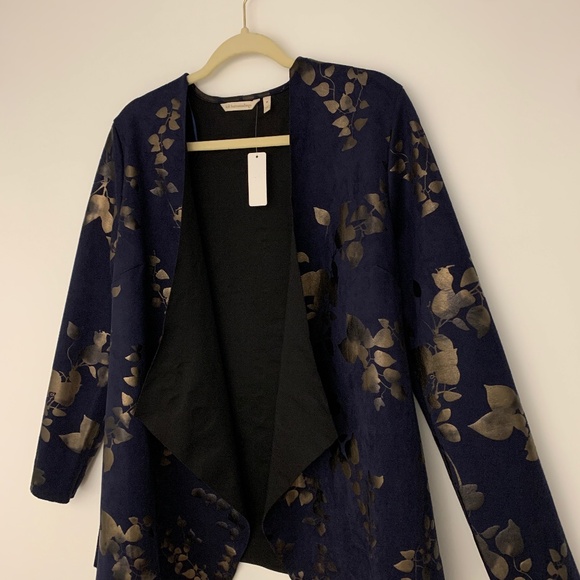 Soft Surroundings Blue & Bronze Floral Moleskin Open Front Jacket Topper Sz M - Picture 3 of 9
